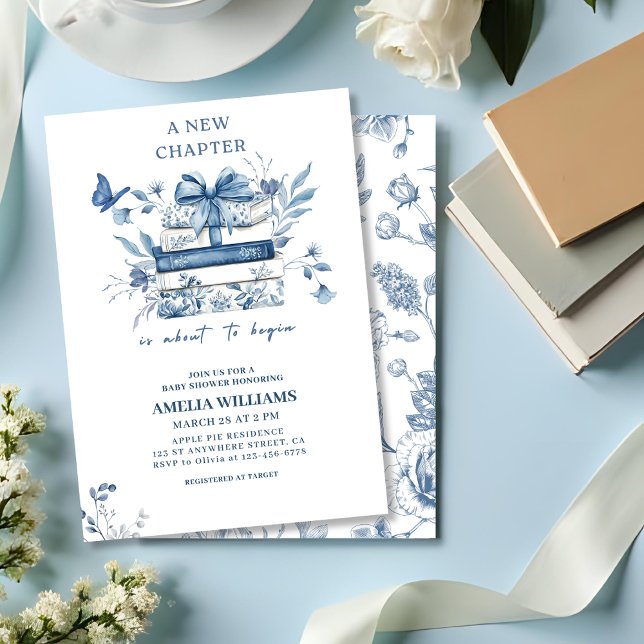 Invitation Dusty blue Chinoiserie new chapter baby shower (Créateur téléchargé)