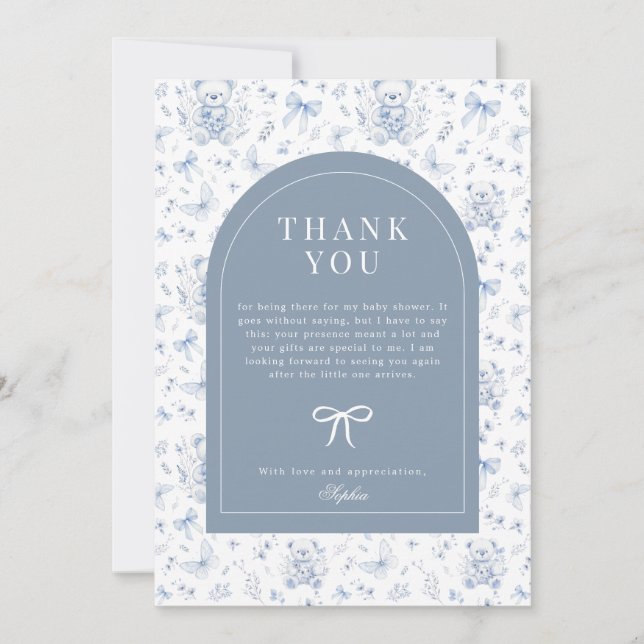 Invitation Dusty Blue Chinoiserie Teddy Bear Merci (Devant)