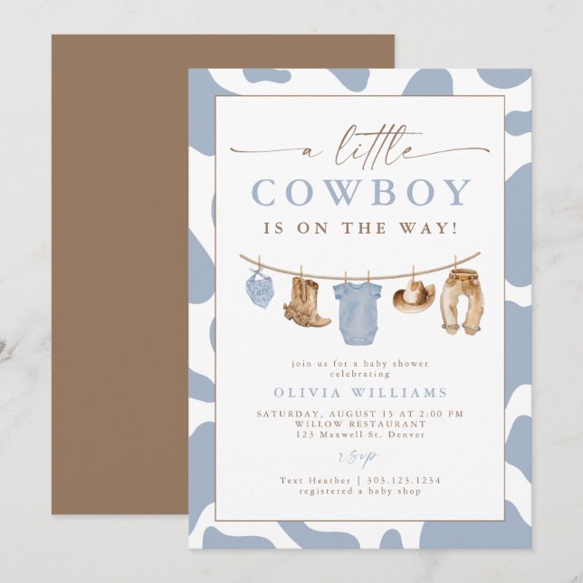 Invitation Dusty Blue Clothesline Little Cowboy Baby Shower (Devant / Derrière)