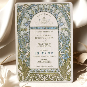 Invitation Dusty Blue Cornflower Mariage Art Nouveau Mucha
