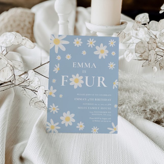 Invitation Dusty Blue Daisy Quatrième 4ème anniversaire (Créateur téléchargé)