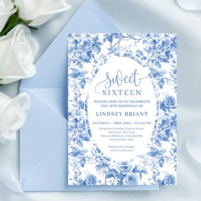 Invitation Dusty Blue Digital Floral Sweet 16 Birthday Card (Dusty Blue Digital Floral Sweet 16 Birthday Card)