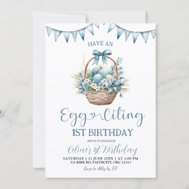 Invitation Dusty Blue Eggciting Birthday (Devant)