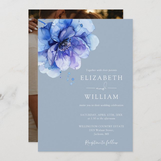 Invitation Dusty Blue Elegant Aquarelle Floral Photo Mariage (Devant / Derrière)