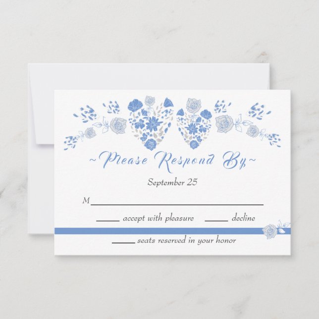 Invitation Dusty Blue Elegant Blanc Gris Floral Mariage Coeur (Devant)