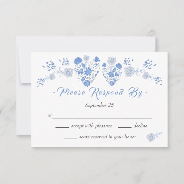 Invitation Dusty Blue Elegant Blanc Gris Floral Mariage Coeur (Devant)