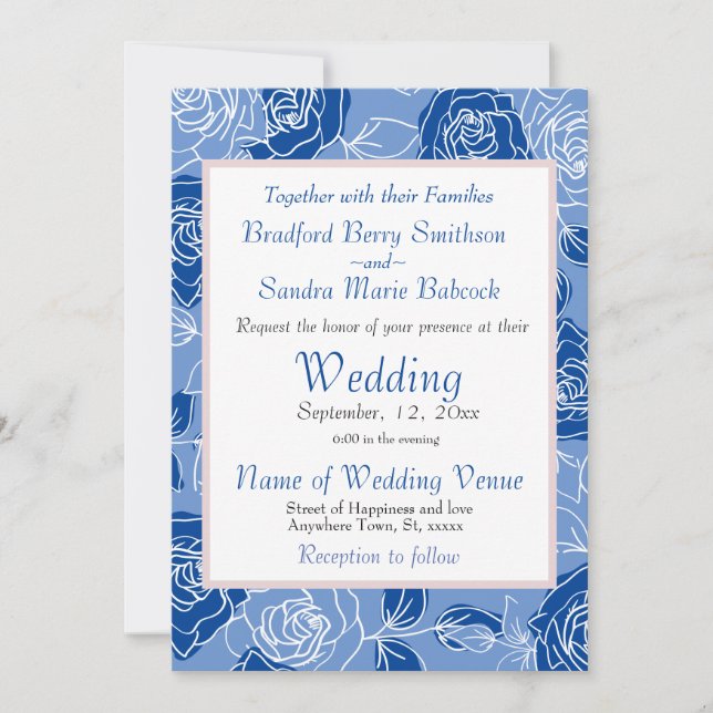 Invitation Dusty Blue Elegant blanc gris floral Rose Mariage (Devant)
