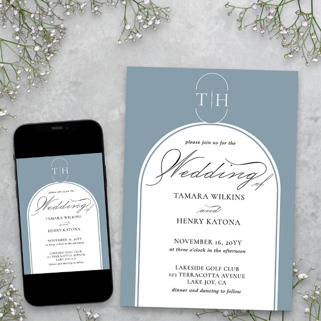 Invitation Dusty Blue Elegant Calligraphie Mariage monogramme (Dusty Blue Monogrammed Wedding Invitation from my Wedding Colors Collection)