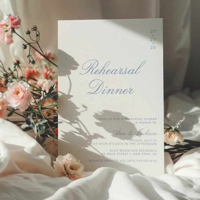 Invitation Dusty Blue Elegant Calligraphy Rehearer Dîner (Créateur téléchargé)