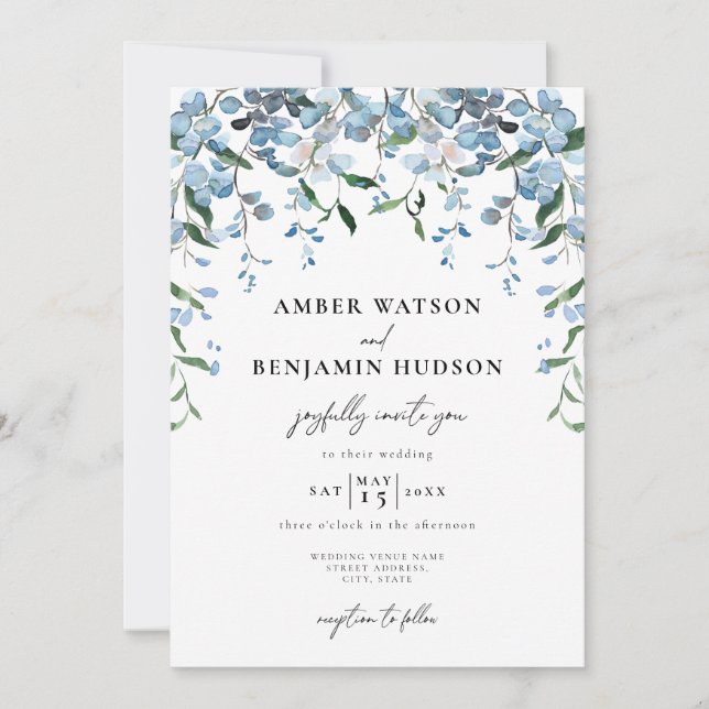 Invitation Dusty Blue Elegant Floral Aquarelle Mariage (Devant)