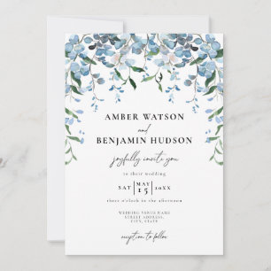 Invitation Dusty Blue Elegant Floral Aquarelle Mariage