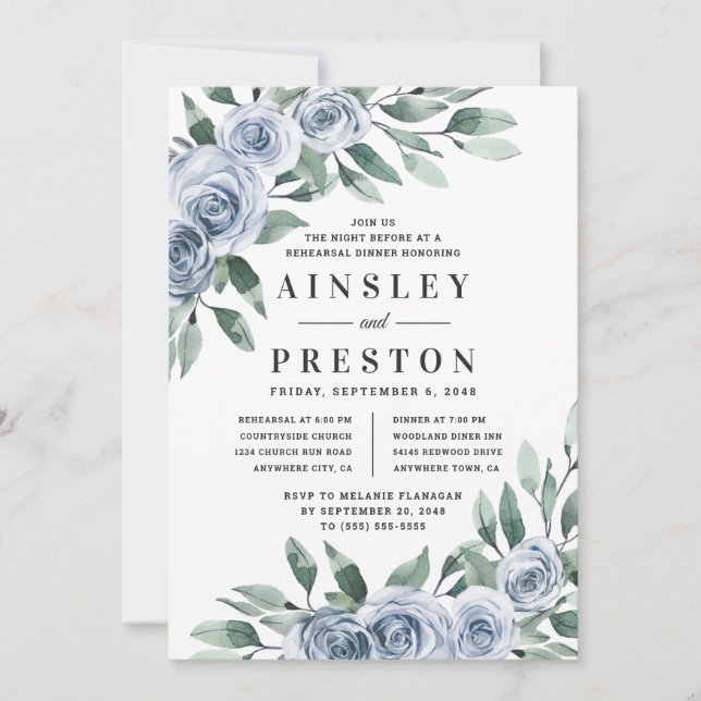 Invitation Dusty Blue Élégant Floral Rustic Rehearer Dîner (Devant)