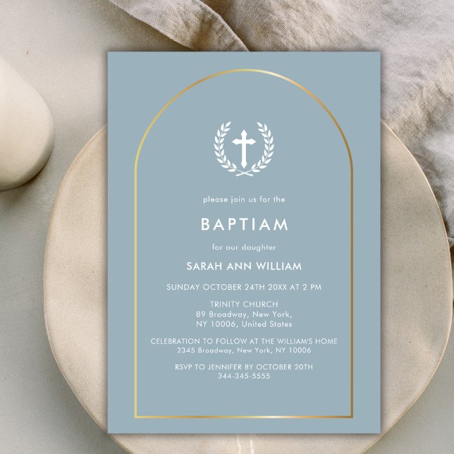 Invitation Dusty Blue Elegant Gold Arch Wreath Cross Baptême (Dusty Blue Elegant Gold Arch Wreath Cross Baptism Invitation)