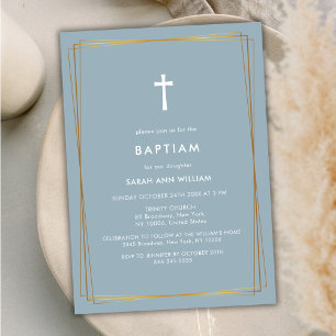 Invitation Dusty Blue Elegant Gold Typographie Croix Baptême