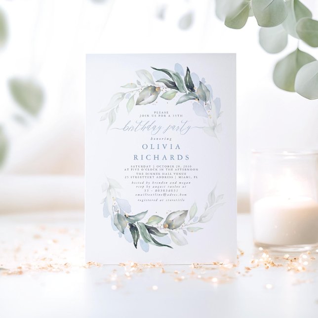 Invitation Dusty Blue Elegant Green Party d'anniversaire (Dusty Blue Greenery Birthday Invitations)