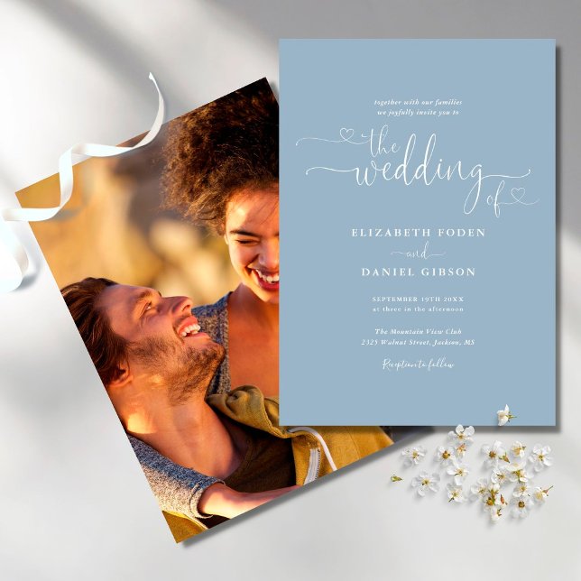 Invitation Dusty Blue Elegant Hearts Script Mariage photo (Créateur téléchargé)