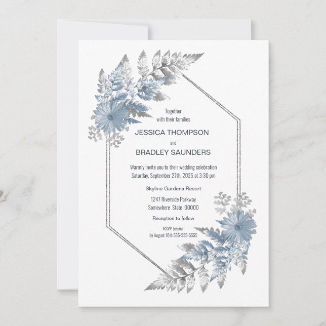 Invitation Dusty Blue Elegant Mariage botanique (Devant)