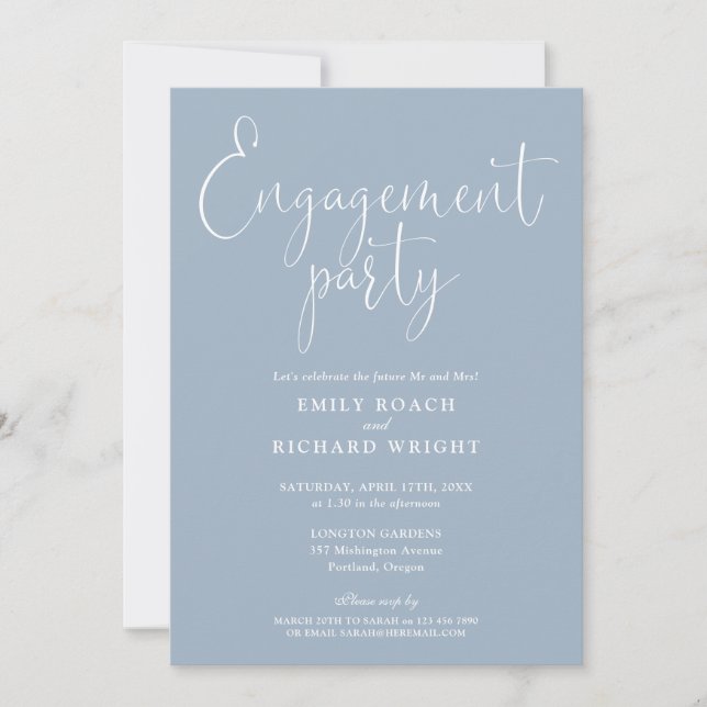 Invitation Dusty Blue Elegant Script Engagement Party (Devant)
