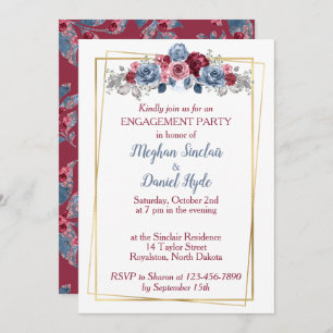 Invitation Dusty Blue et Bourgogne Mariage Engagement Party I