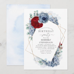 Invitation Dusty Blue et Bourgogne Red Floral fête d'annivers
