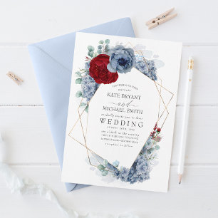 Invitation Dusty Blue et Bourgogne Rouge Floral élégant maria