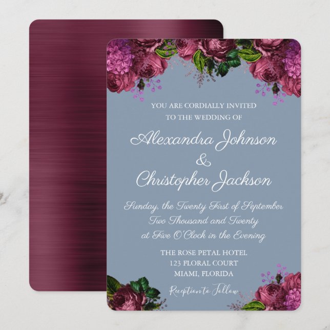 Invitation Dusty Blue et Cranberry Burgundy Mariage (Devant / Derrière)