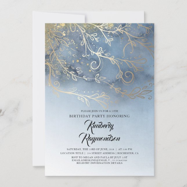 Invitation Dusty Blue et Gold Elegant fête d'anniversaire (Devant)
