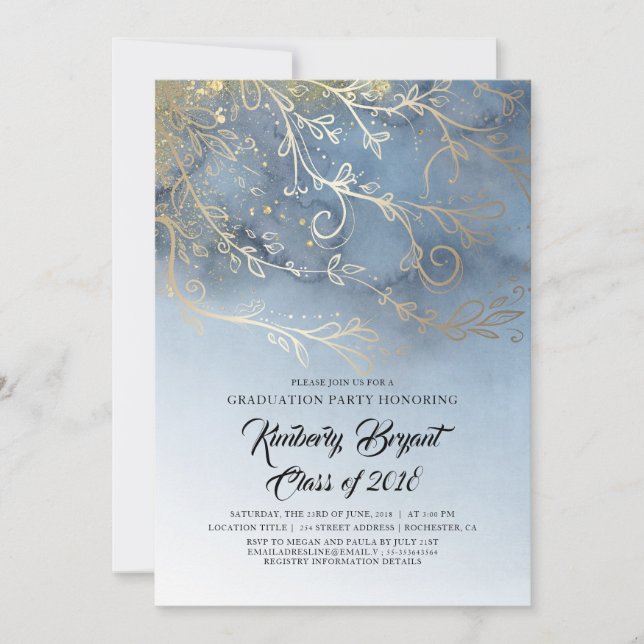 Invitation Dusty Blue et Gold Elegant Graduation Party (Devant)