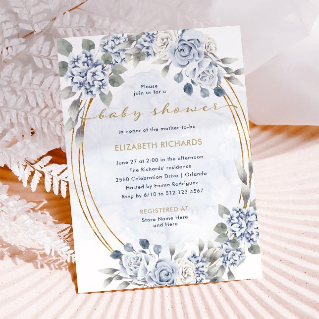 Invitation Dusty Blue et Gold Floral | Baby shower élégant (Créateur téléchargé)