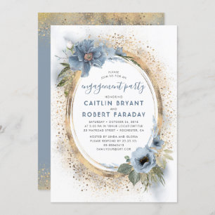 Invitation Dusty Blue et Gold Floral Engagement Party