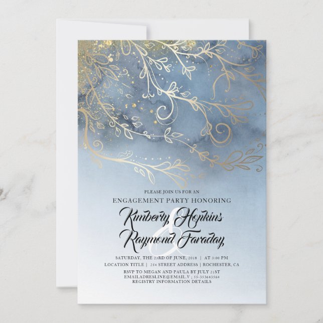 Invitation Dusty Blue et Gold Modern Engagement Party (Devant)