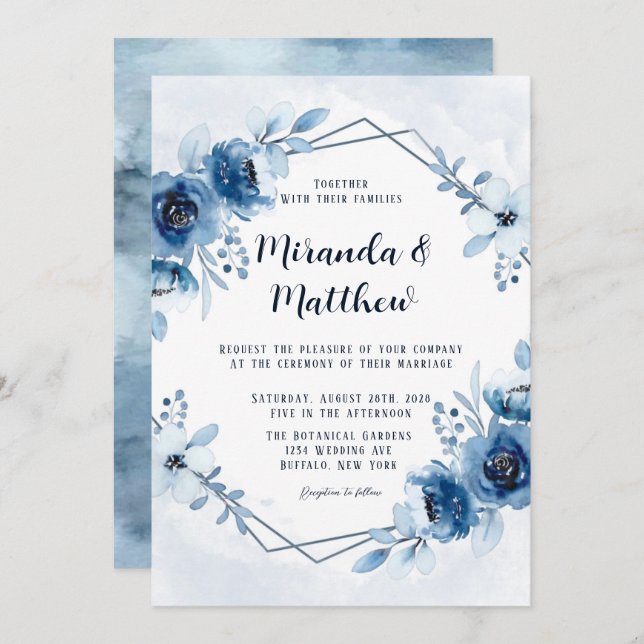 Invitation Dusty Blue et marine Aquarelle Peonies Mariage Inv (Devant / Derrière)
