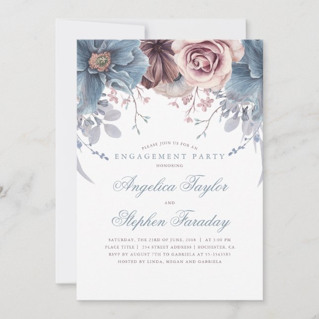 Invitation Dusty Blue et Mauve Floral (Devant)