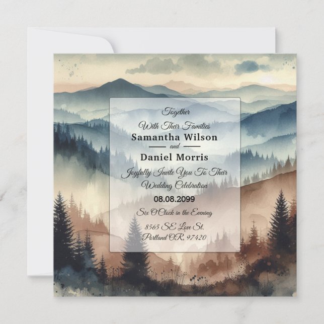 Invitation Dusty Blue et Mocha Brown Mountains Mariage (Devant)
