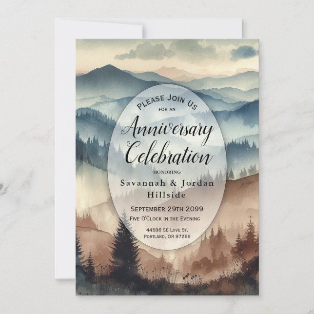 Invitation Dusty Blue et Mocha Montagnes Brown Anniversaire (Devant)