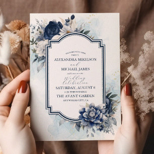 Invitation Dusty Blue et Navy Floral Mariage élégant