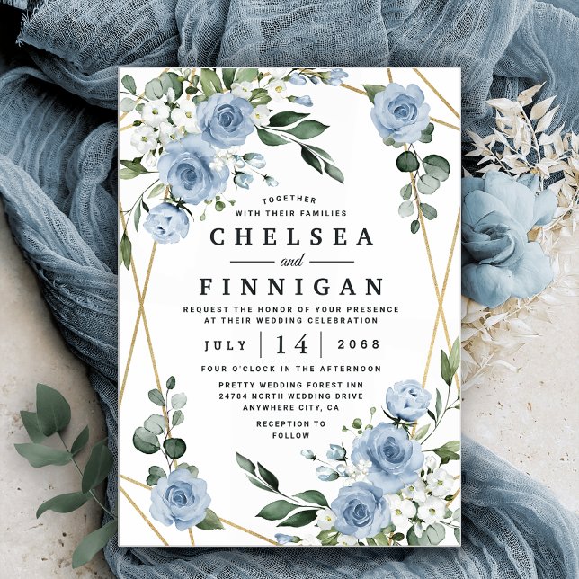 Invitation Dusty Blue et or élégant Floral Rustic Mariage (Créateur téléchargé)