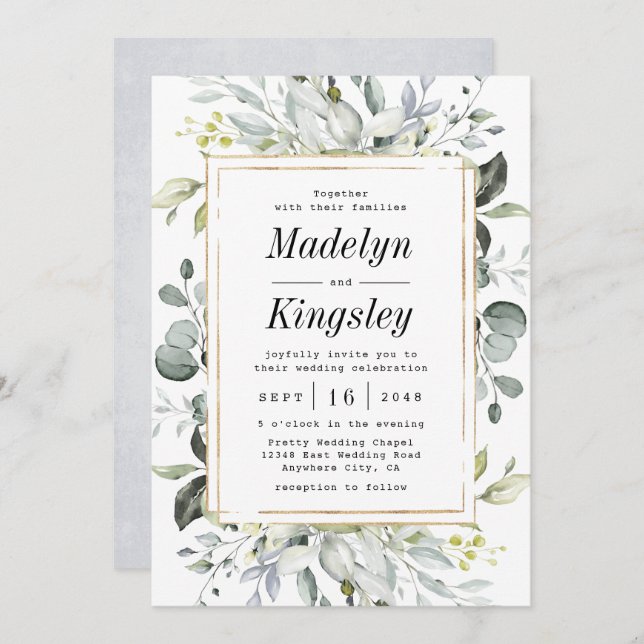 Invitation Dusty Blue et or Elegant Rustic Floral Mariage (Devant / Derrière)