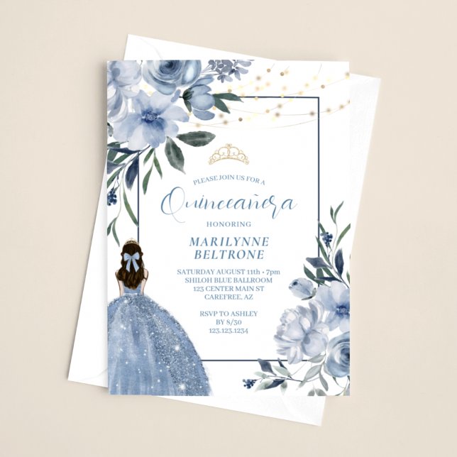 Invitation Dusty Blue et or Floral Quinceañera (Créateur téléchargé)