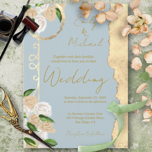 Invitation Dusty Blue et or Rustic Boho Mariage Floral (Créateur téléchargé)