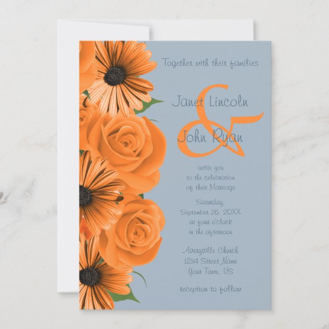 Invitation Dusty Blue et Orange Roses et marguerites2 (Devant)