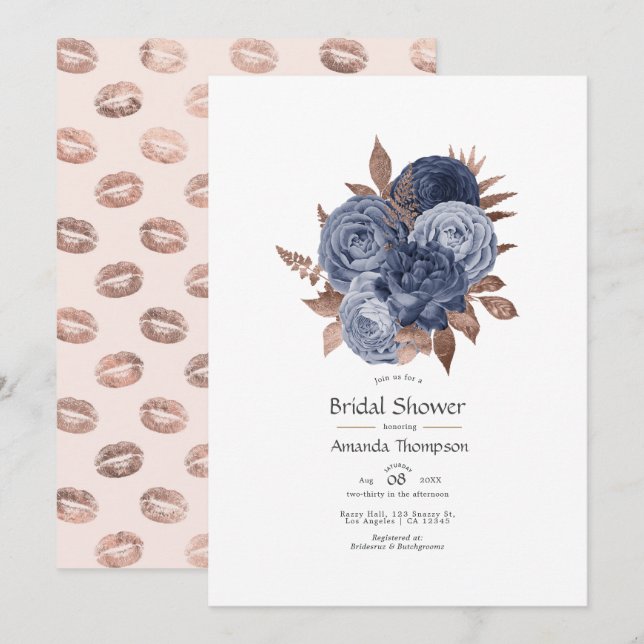 Invitation Dusty Blue et Rose Gold Fleurs Mariage Shower (Devant / Derrière)