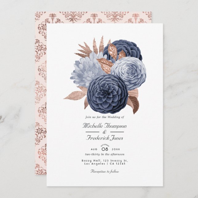 Invitation Dusty Blue et Rose Gold Floral Mariage (Devant / Derrière)