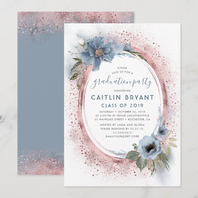 Invitation Dusty Blue et Rose Gold Parties scintillant Gradua (Devant / Derrière)