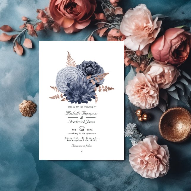Invitation Dusty Blue et Rose or Floral Mariage QR Code en (Créateur téléchargé)