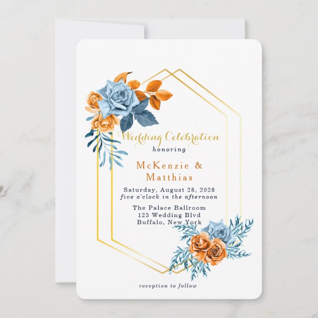 Invitation Dusty Blue et Rusty Peony Floral Mariage or (Devant)