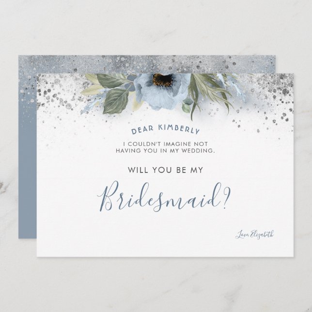 Invitation Dusty Blue et Silver Will you be my Bridesmaid (Devant / Derrière)