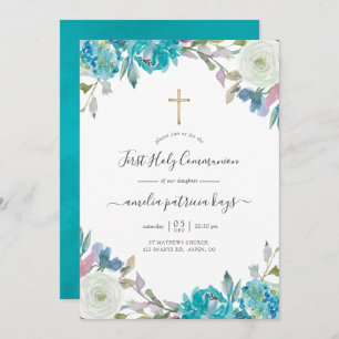 Invitation Dusty Blue et Turquoise Floral Holy Communion Inv