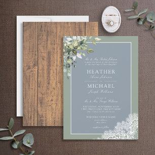 Invitation Dusty Blue Eucalyptus Botanical Wood Wedding  Invi