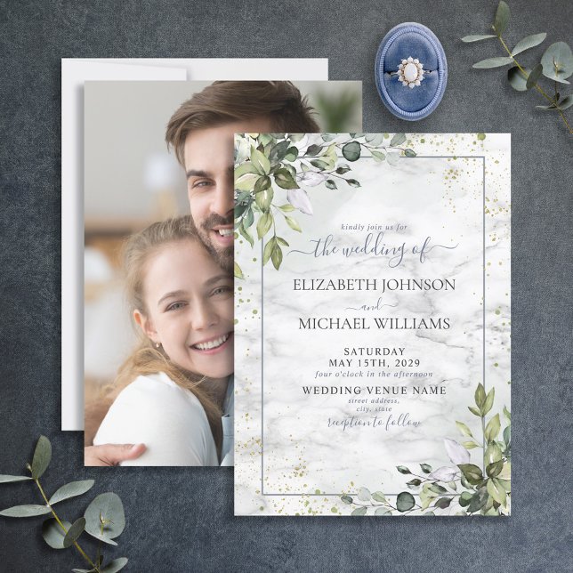 Invitation Dusty Blue Eucalyptus Green Photo Succulente (Créateur téléchargé)